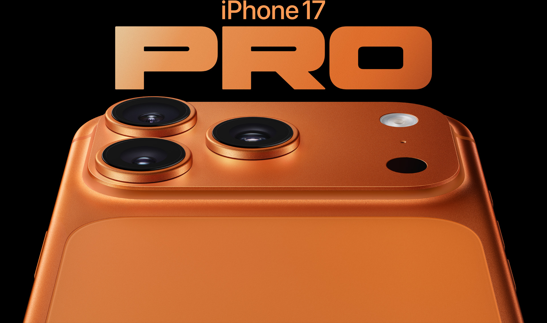 En iPhone 17 Pro i fargen kosmisk oransje vises delvis bakfra, med et Pro-kamerasystem ?verst til venstre best?ende av tre objektiver, mikrofon og blits.