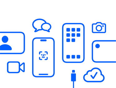 Appareils et fonctionnalités Apple, iCloud, iPhone avec Face ID et cable de charge, Caméra, échange de messages, Messages.