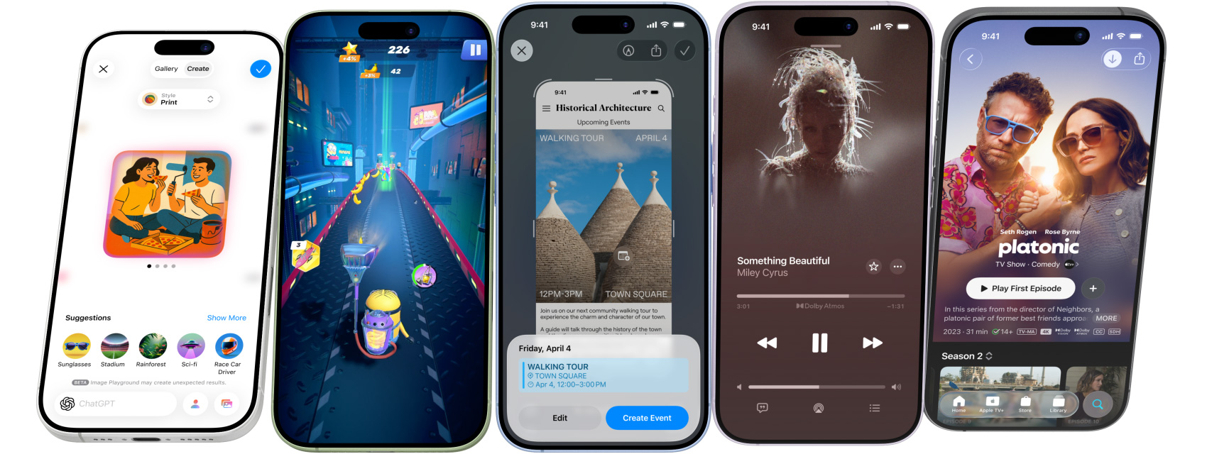 iPhone 17の複數のデバイスが並んでグルグルと回転し、止まるとiPhoneの機能が表示された畫面が見える