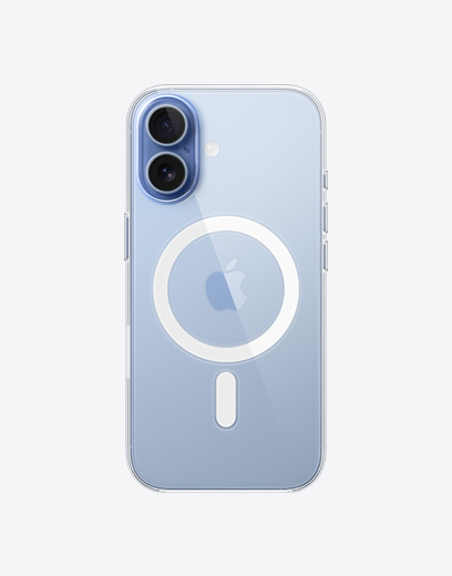 iPhone 17, parte posterior, estuche transparente con MagSafe, sistema de dos cámaras Fusion en la esquina superior izquierda