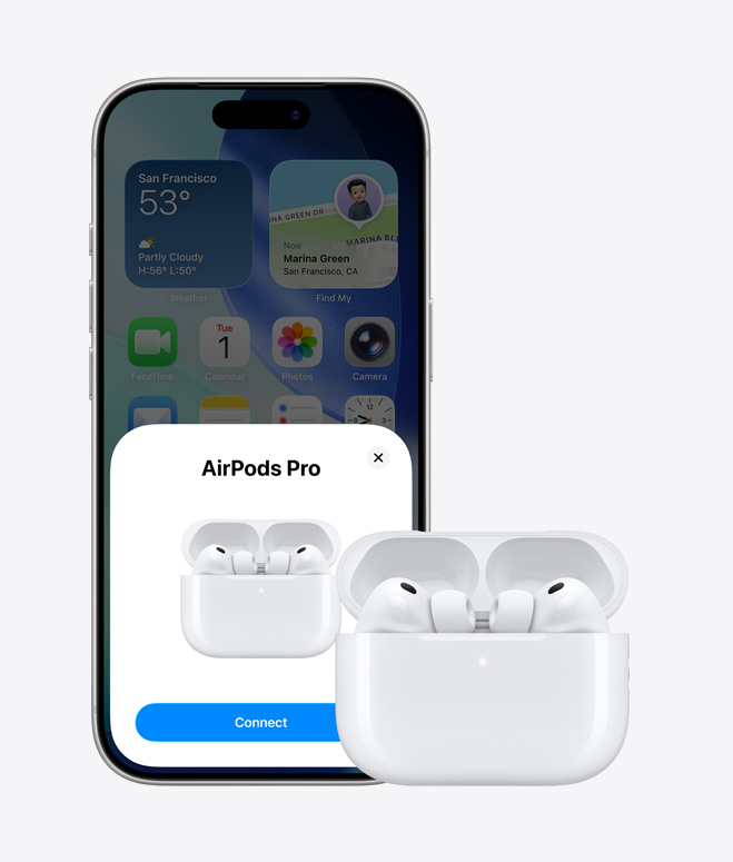 iPhone 17 Pro, μπροστιν? εξωτερικ? ?ψη, αρχικ? οθ?νη στο φ?ντο, αναδυ?μενο παρ?θυρο σ?νδεση? AirPod στην οθ?νη, AirPods σε ανοιχτ? θ?κη δ?πλα στο iPhone
