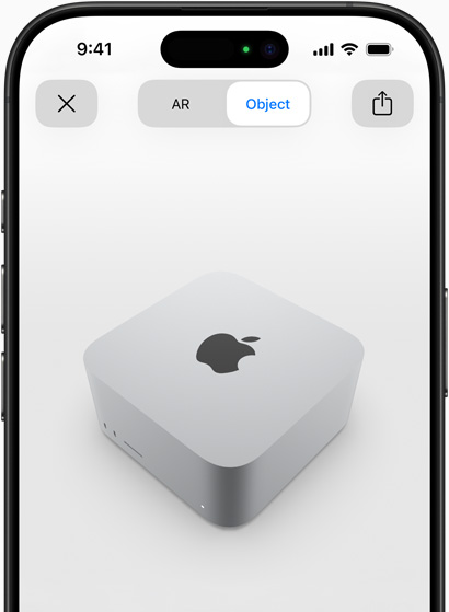 En forh?ndsvisning av Mac Studio vist i utvidet virkelighet (AR) p? iPhone