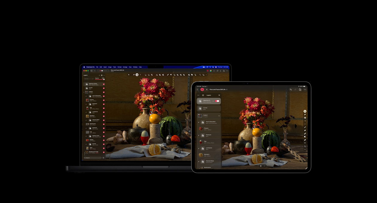 MacBook Pro 16 and iPad Pro 13 screens, Pixelmator Pro, flora and fauna still-life painting, layers toolkit on the left