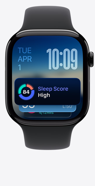Apple Watch Series 11, bo?tier en aluminium, finition noir de jais poli, Défilement intelligent, alerte de score de sommeil, c?té droit, Digital Crown, Bracelet Sport noir
