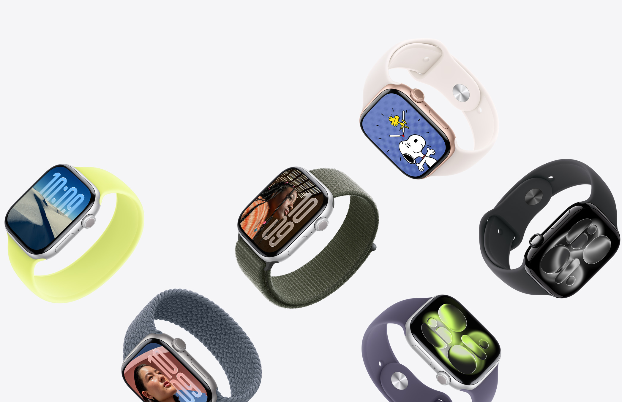 Apple Watch devices, various case materials, colours and straps