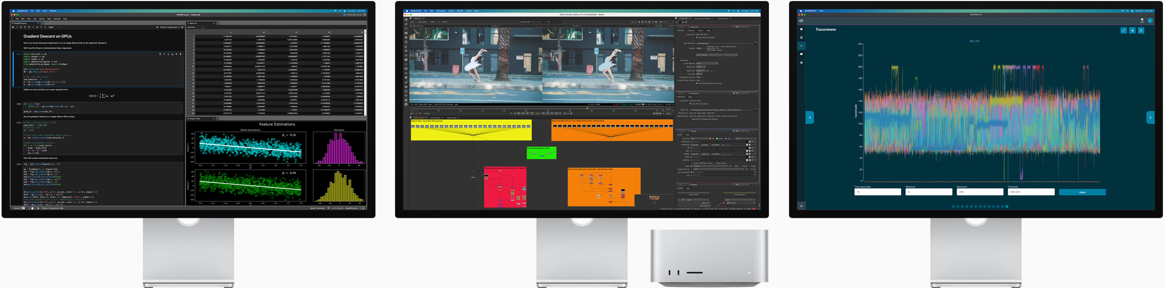 Mac Studio và ba chi?c Studio Display ?ang hi?n th? các ?ng d?ng macOS khác nhau trên màn hình
